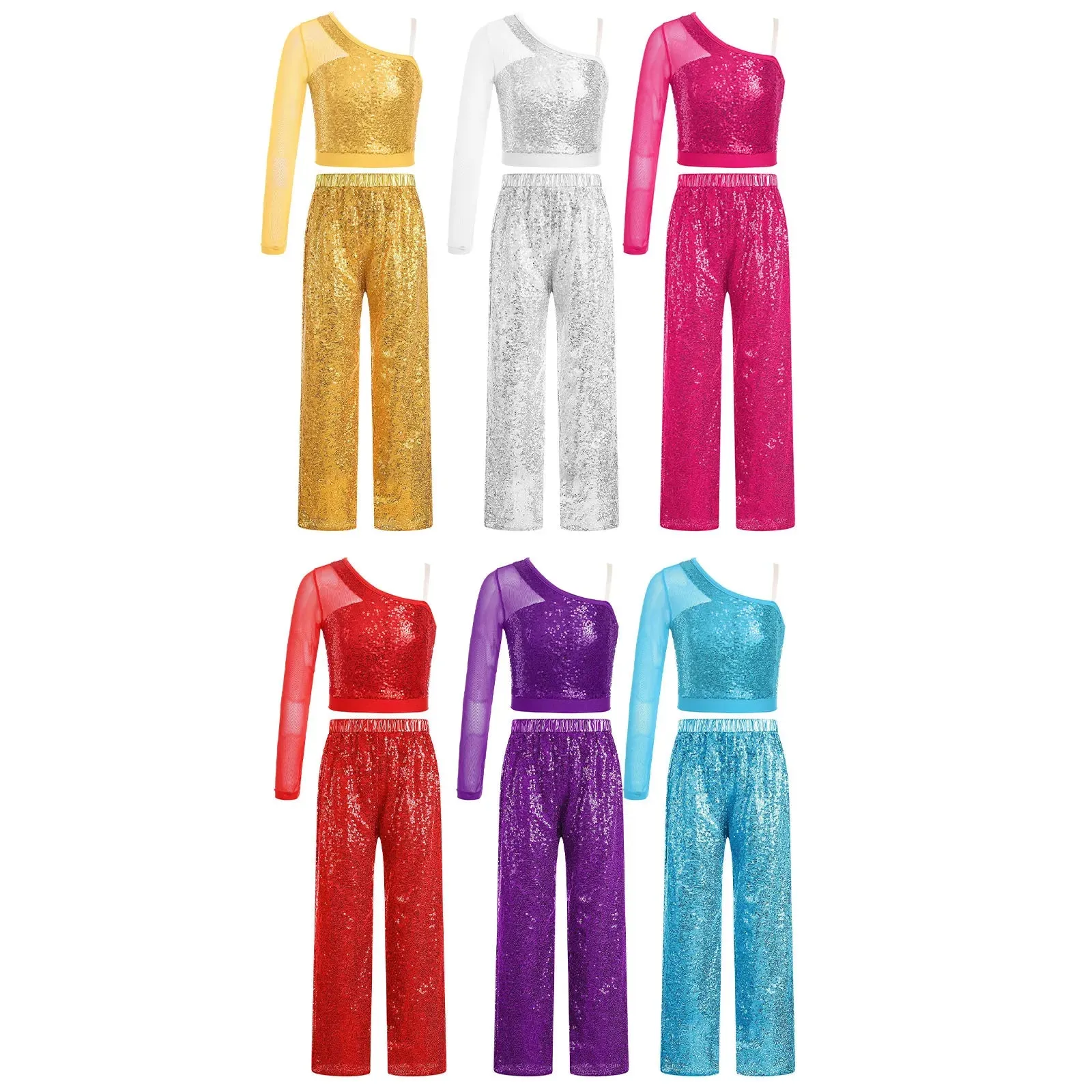 Kids Sequin Jazz Dance Costume Set: Mesh Crop Top & Wide-Leg Pants for Ballroom Ballet Performance