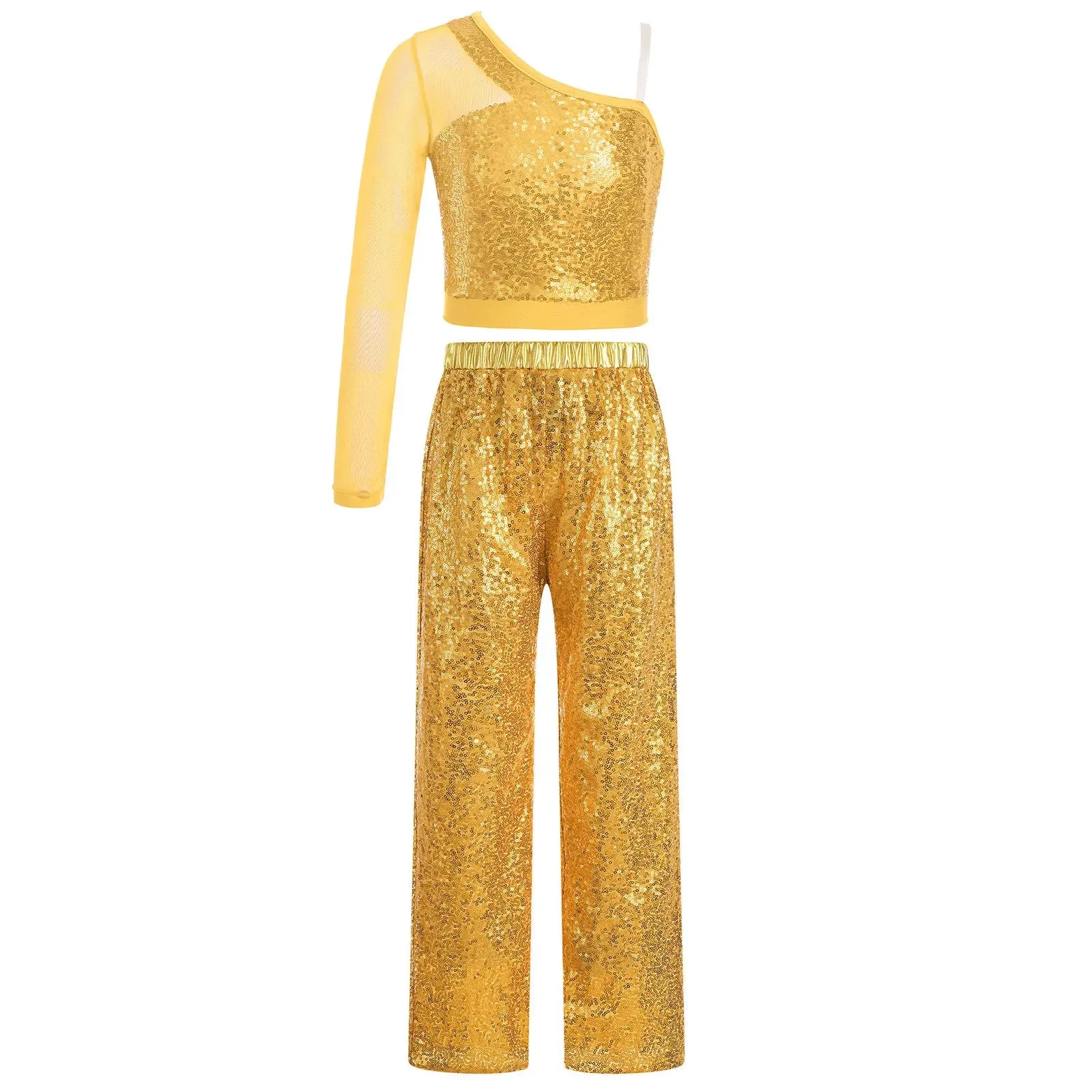 Kids Sequin Jazz Dance Costume Set: Mesh Crop Top & Wide-Leg Pants for Ballroom Ballet Performance