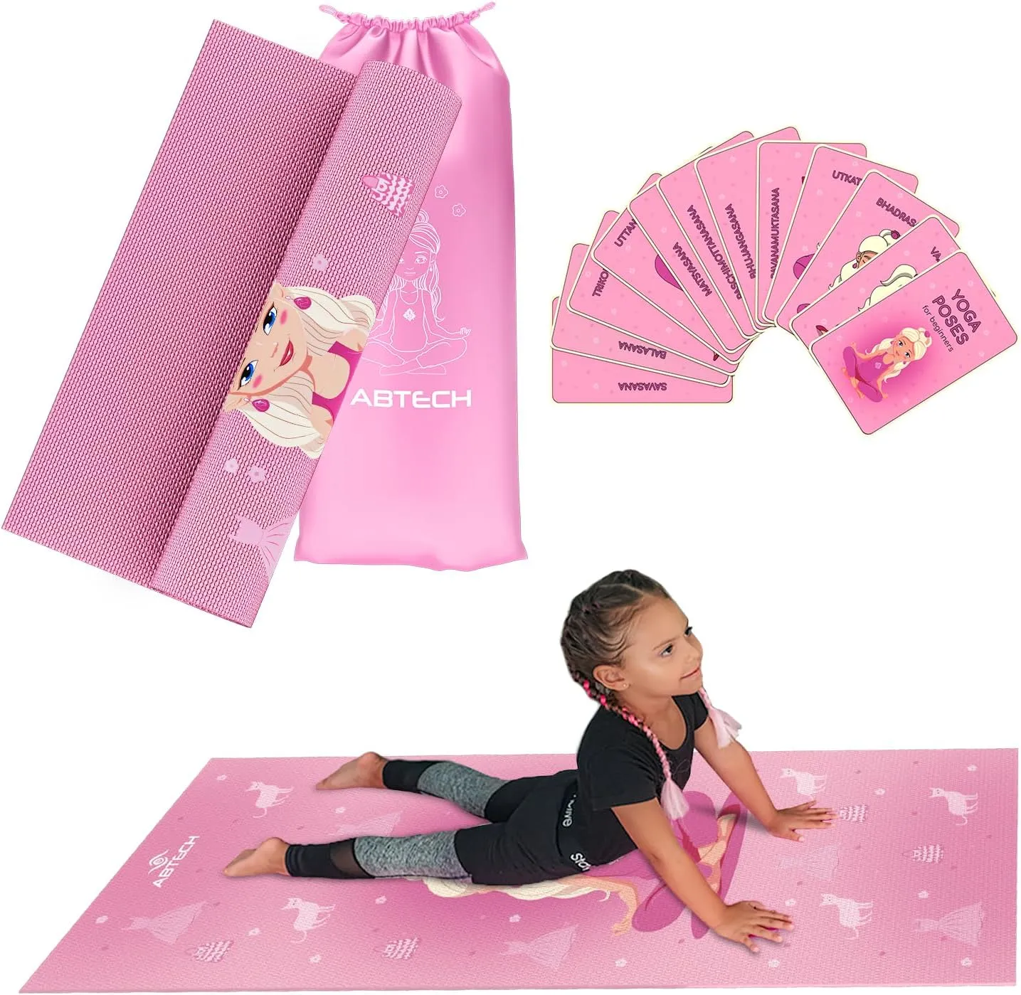 Kids Yoga Mat Set for Boys & Girls - Doll, Unicorn, Mermaid, Panda, Dinosaur and UnderWater - Chemical Free - Non-Toxic - Non-Slip - 60 X 24 X 0.2 Inches - w/ 12 Yoga Cards - Cute Carrier Bag - Ages 3-12