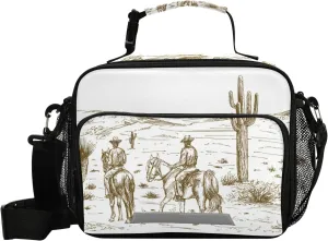 Kigai Reusable Lunch Bag Western Desert Cowboys Insulated Lunch Box Cooler Tote Removable Shoulder Strap Meal Picnic Bags for Outdoor School Travel Office Work