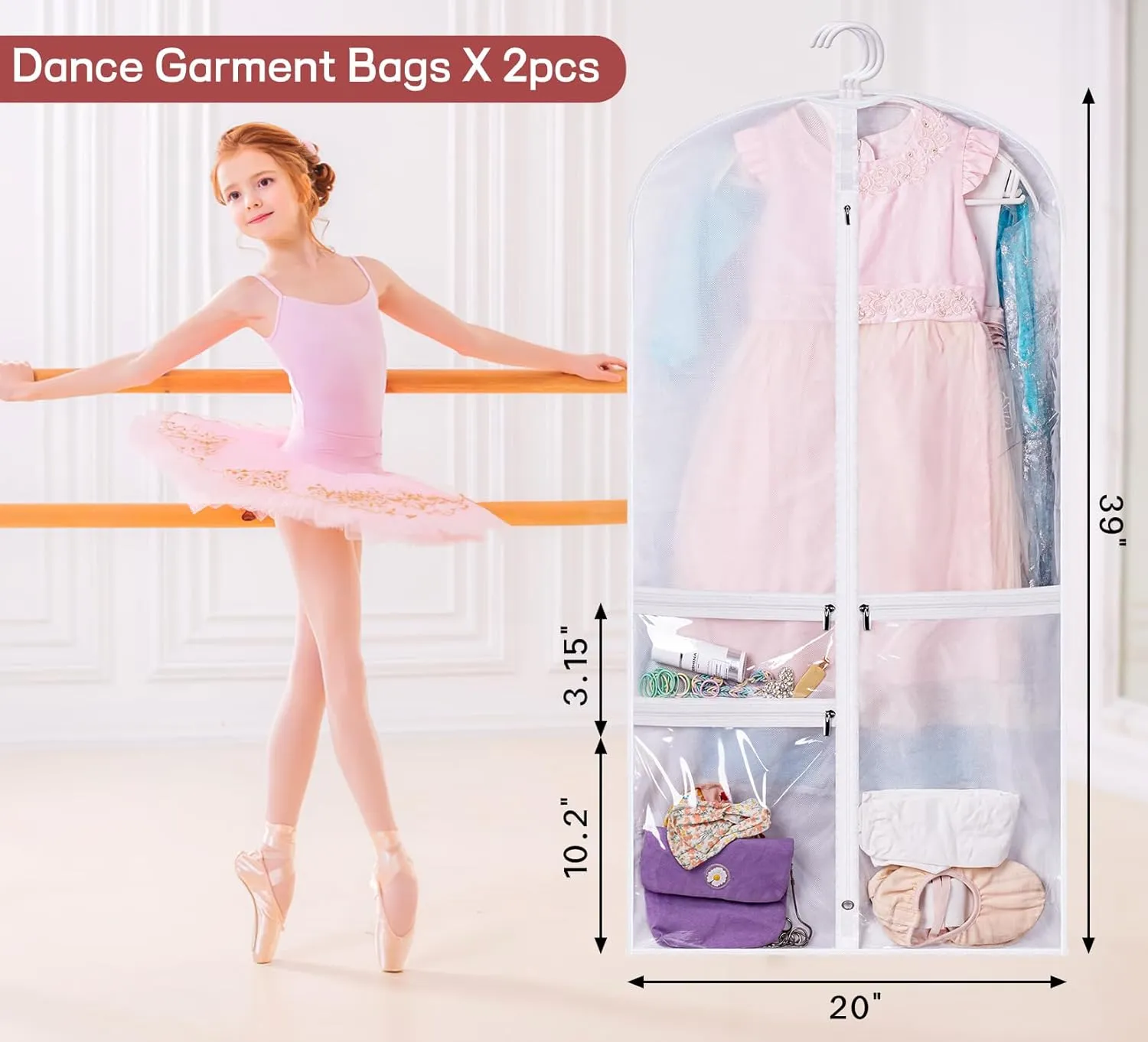 Kimbora Costume Dance Garment Bag with 3 Clear Zipper Pockets for Suits Dress Cover, Travel & Competitions Protector, Set of 2