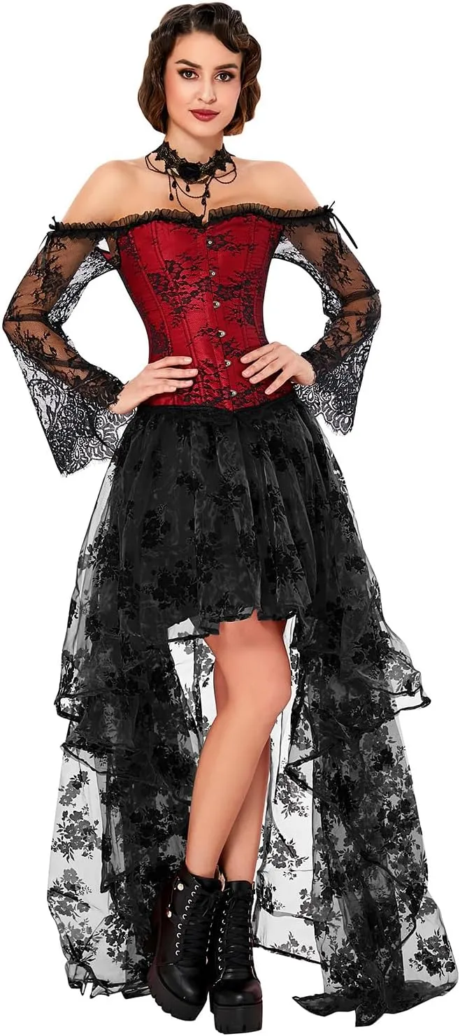 Kimring Women's Steampunk Victorian Off Shoulder Corset Top With High Low Skirt
