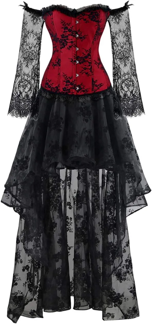 Kimring Women's Steampunk Victorian Off Shoulder Corset Top With High Low Skirt
