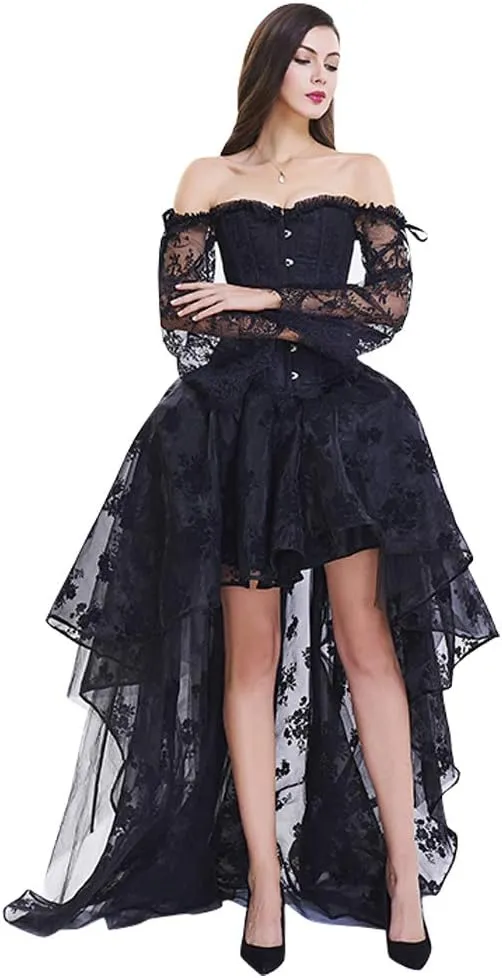 Kimring Women's Steampunk Victorian Off Shoulder Corset Top With High Low Skirt
