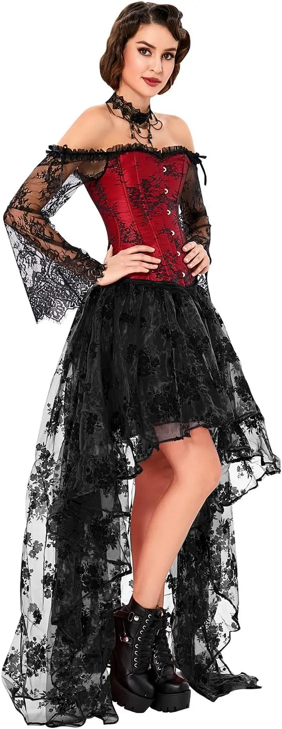 Kimring Women's Steampunk Victorian Off Shoulder Corset Top With High Low Skirt