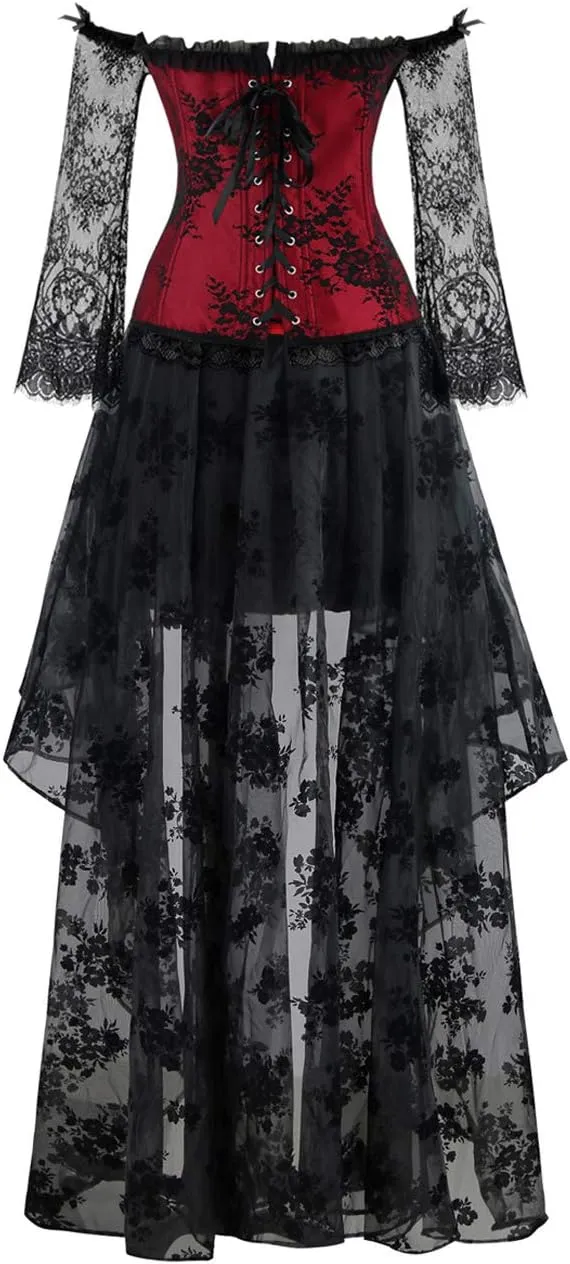 Kimring Women's Steampunk Victorian Off Shoulder Corset Top With High Low Skirt