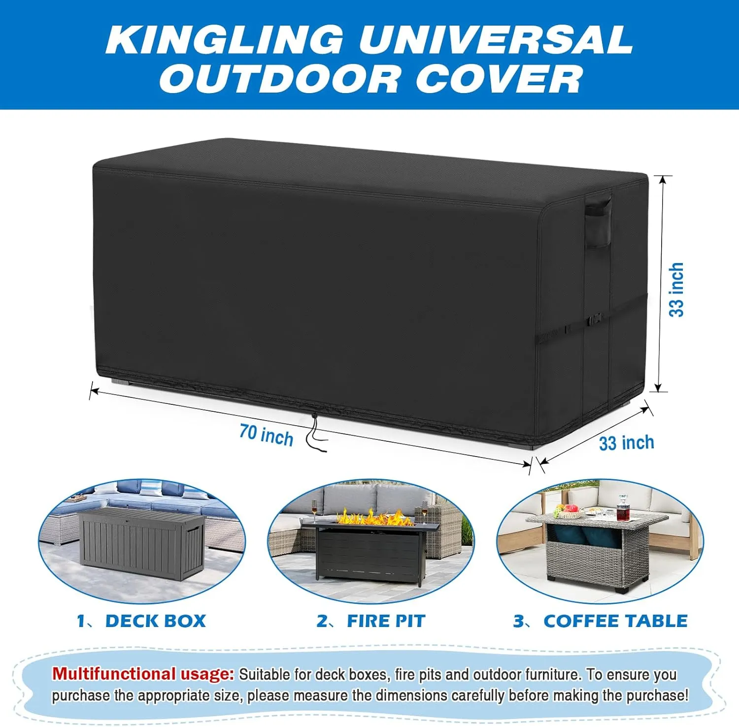 Kingling Deck Box Cover, Outdoor Storage Box Cover for 260 Gallon Deck Box, Waterproof Outside Patio Storage Bench Deck Boxes Covers Black (70" L x 33" W x 33" H)