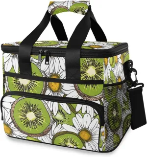 Kiwifruit White Daisy Flower Cooler Bag Insulated Cooler Soft Sided Cooler 24 Can Portable Picnic Bag Large Leakproof Lunch Bag Box for Beach Grocery Camping Travel Car Men Women