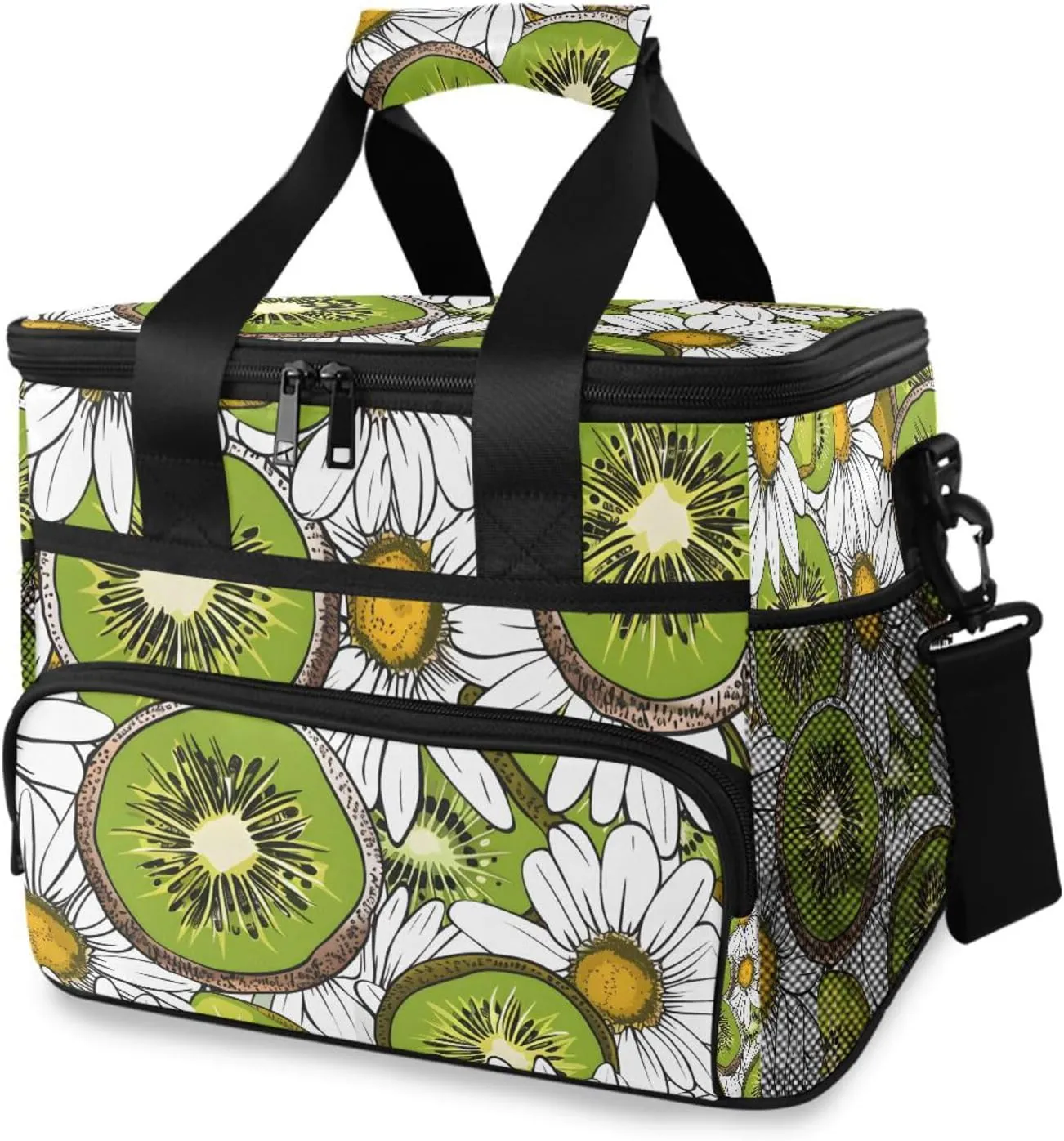 Kiwifruit White Daisy Flower Cooler Bag Insulated Cooler Soft Sided Cooler 24 Can Portable Picnic Bag Large Leakproof Lunch Bag Box for Beach Grocery Camping Travel Car Men Women