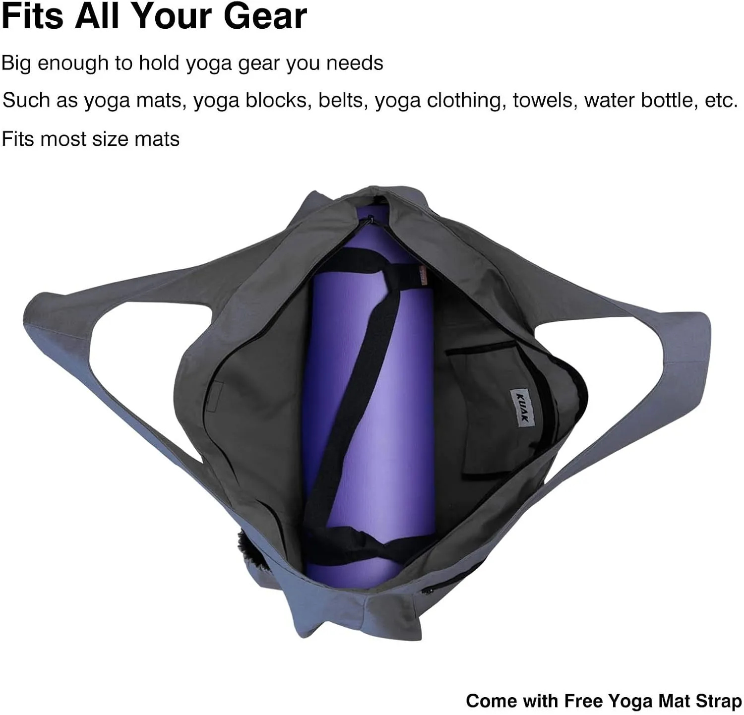 KUAK Extra Large Yoga Mat Bag with Zippered Top & 5 Pockets - Premium Canvas Tote with Yoga Mat Carrying Strap for Pilates, Gym, Fitness Block & Gear