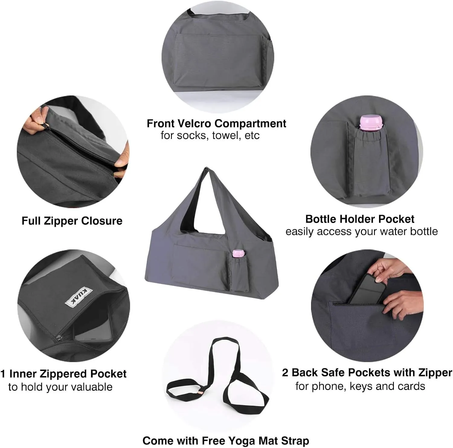 KUAK Extra Large Yoga Mat Bag with Zippered Top & 5 Pockets - Premium Canvas Tote with Yoga Mat Carrying Strap for Pilates, Gym, Fitness Block & Gear