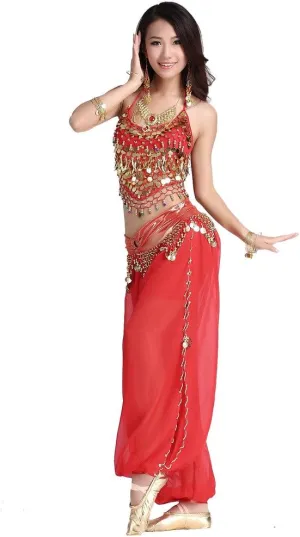 Lady's Belly Dance Chiffon Banadge Top and Lantern Coins Pants