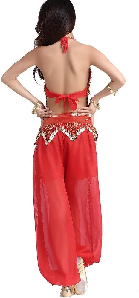 Lady's Belly Dance Chiffon Banadge Top and Lantern Coins Pants