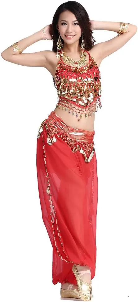 Lady's Belly Dance Chiffon Banadge Top and Lantern Coins Pants
