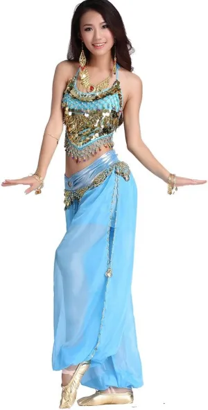 Lady's Belly Dance Chiffon Banadge Top and Lantern Coins Pants