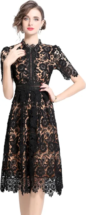 LAI MENG FIVE CATS Women's Short Sleeve Elegant Floral Lace Cocktail Party Swing Midi Dance Dress