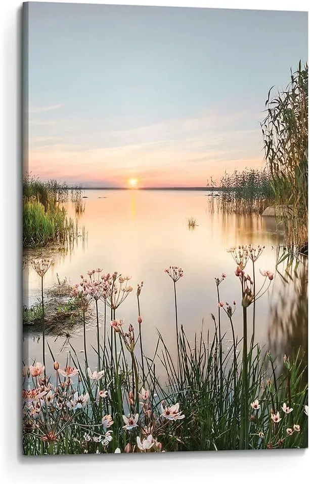 Lake Canvas Landscape Wall Art: Nature Picture Print Vertical Sunset Scene Painting Artwork for Bedroom Living Room Decor