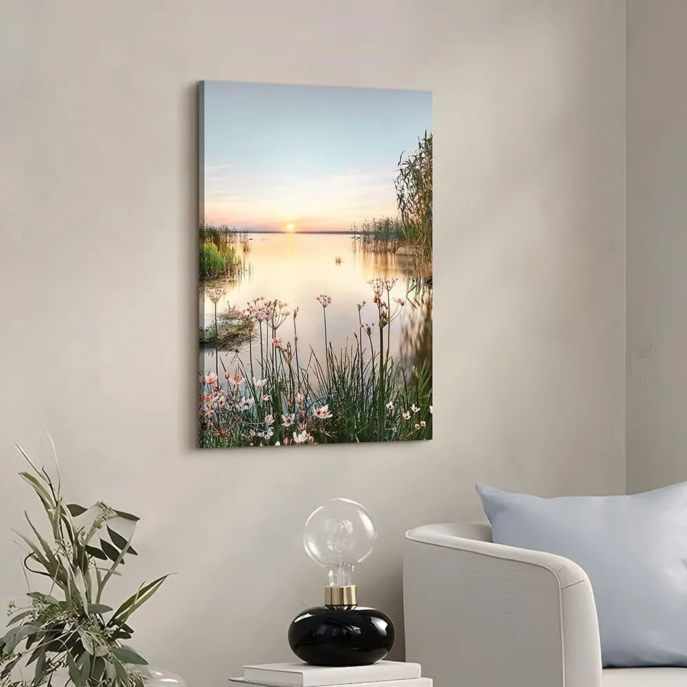 Lake Canvas Landscape Wall Art: Nature Picture Print Vertical Sunset Scene Painting Artwork for Bedroom Living Room Decor