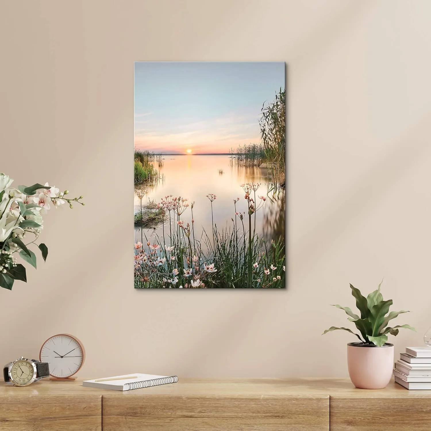 Lake Canvas Landscape Wall Art: Nature Picture Print Vertical Sunset Scene Painting Artwork for Bedroom Living Room Decor