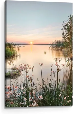 Lake Canvas Landscape Wall Art: Nature Picture Print Vertical Sunset Scene Painting Artwork for Bedroom Living Room Decor