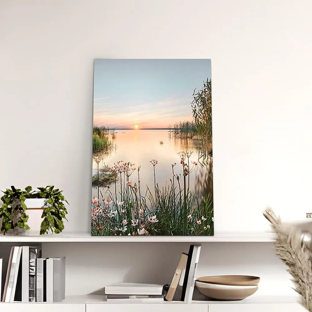 Lake Canvas Landscape Wall Art: Nature Picture Print Vertical Sunset Scene Painting Artwork for Bedroom Living Room Decor