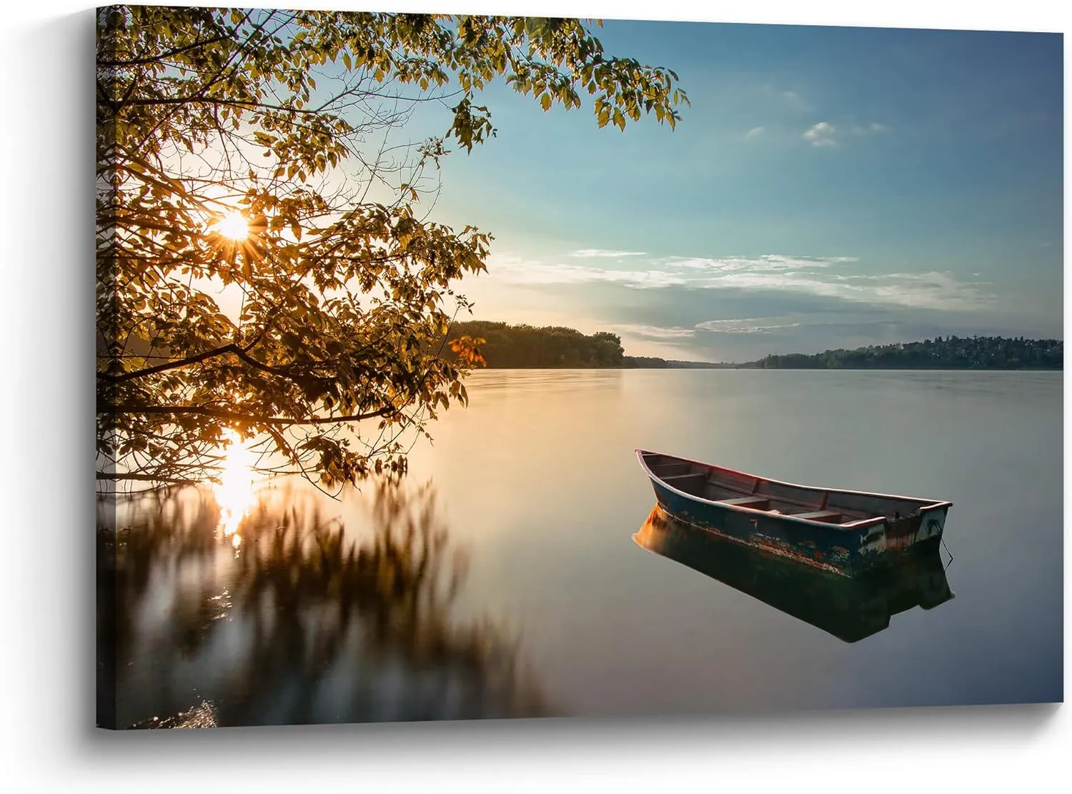 Lake Canvas Wall Art Picture: Sunset Landscape Print Nature Water Scene Artwork Decor Relaxing Boat Photography Painting for Living Room Bedroom Home Decoration