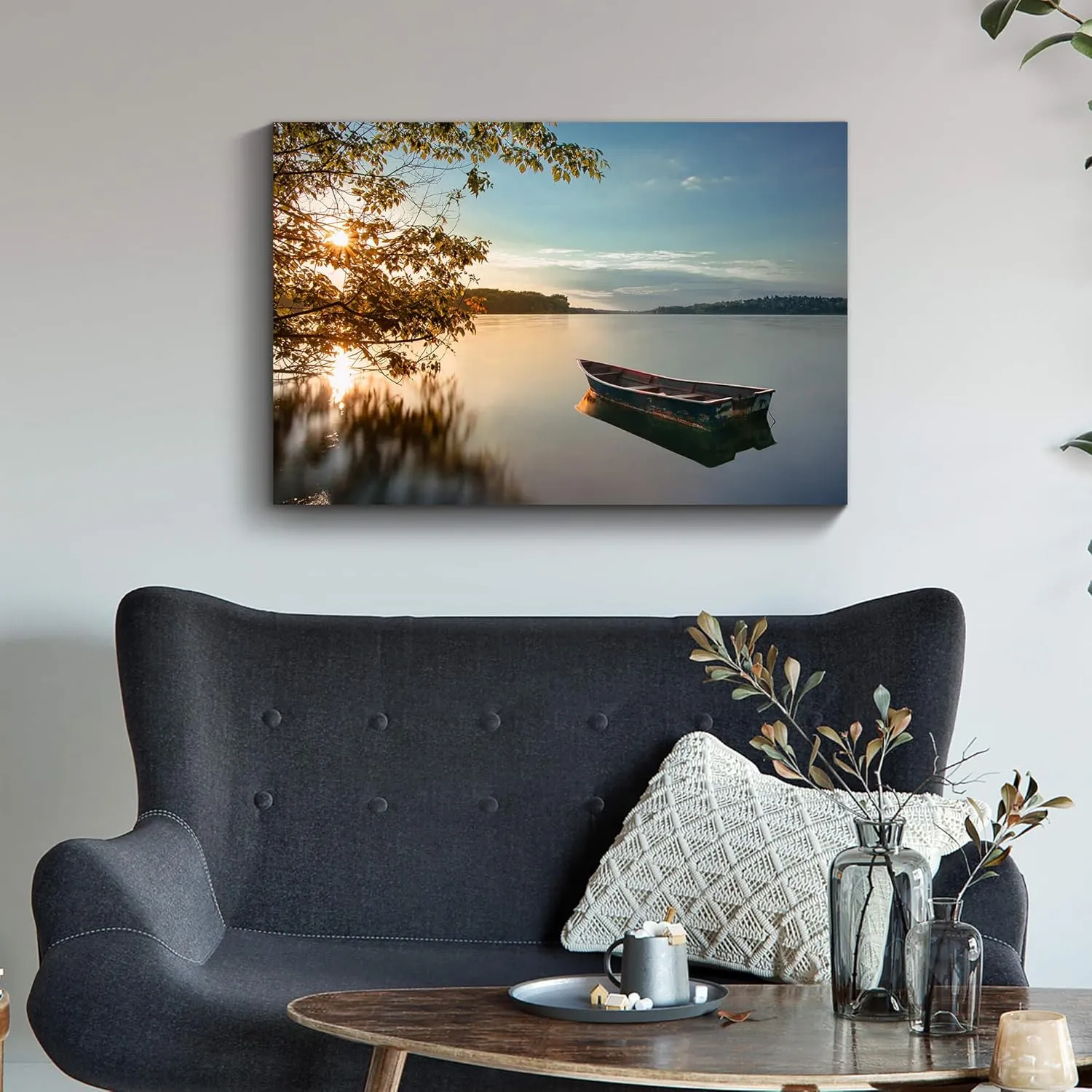 Lake Canvas Wall Art Picture: Sunset Landscape Print Nature Water Scene Artwork Decor Relaxing Boat Photography Painting for Living Room Bedroom Home Decoration