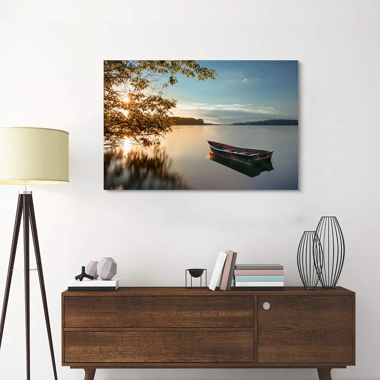 Lake Canvas Wall Art Picture: Sunset Landscape Print Nature Water Scene Artwork Decor Relaxing Boat Photography Painting for Living Room Bedroom Home Decoration
