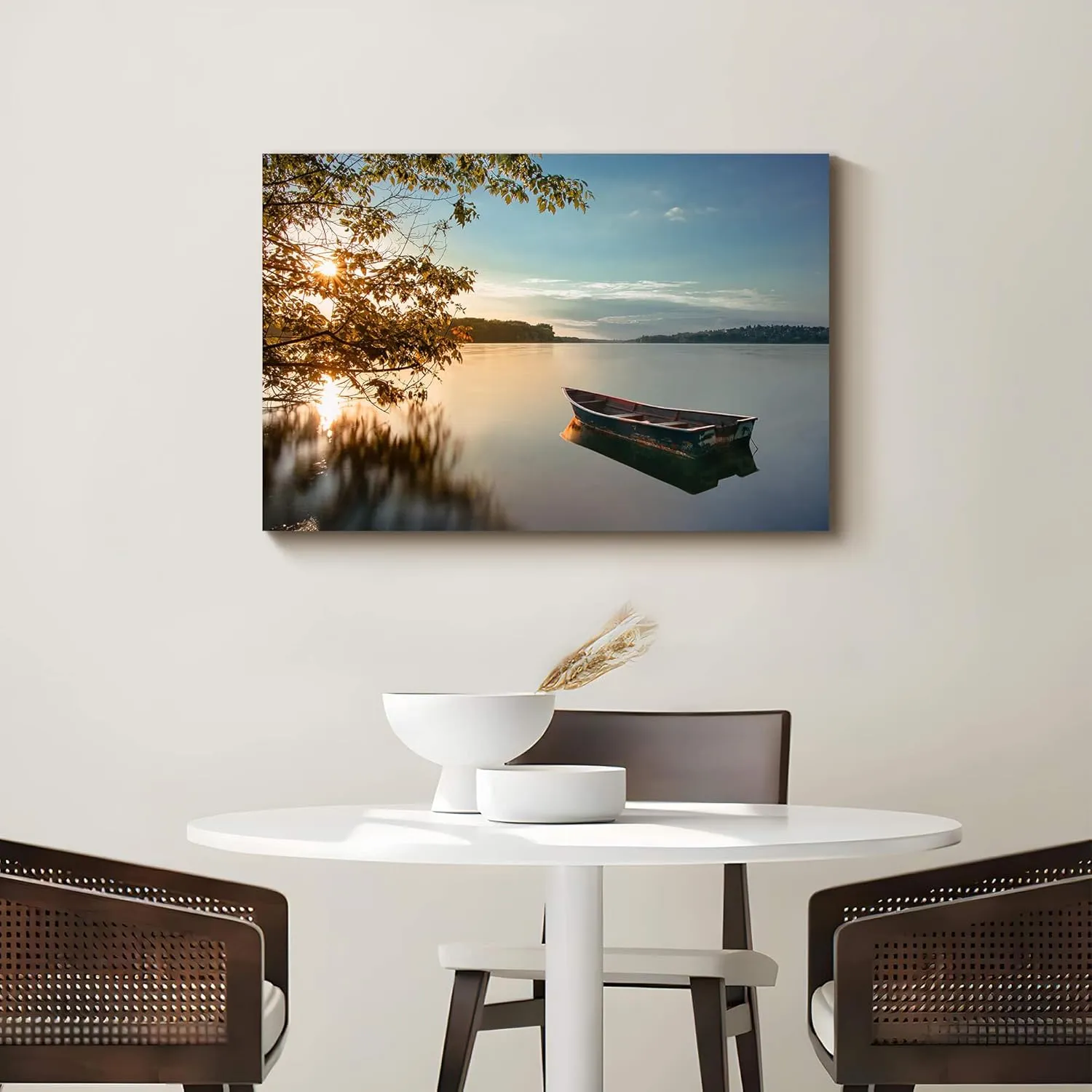 Lake Canvas Wall Art Picture: Sunset Landscape Print Nature Water Scene Artwork Decor Relaxing Boat Photography Painting for Living Room Bedroom Home Decoration