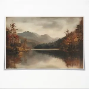 Lake Landscape Art, Moody Autumn Wall Decor, Vintage Rustic Farmhouse Oil Painting, Canvas Fall Nature Posters for Living Room 24x16inch Unframed