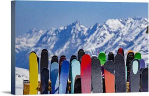 Lantern Press Full Ski Rack and Snowy Mountain Range, (16x24 Wrapped Canvas, Wall Decor, Artwork)
