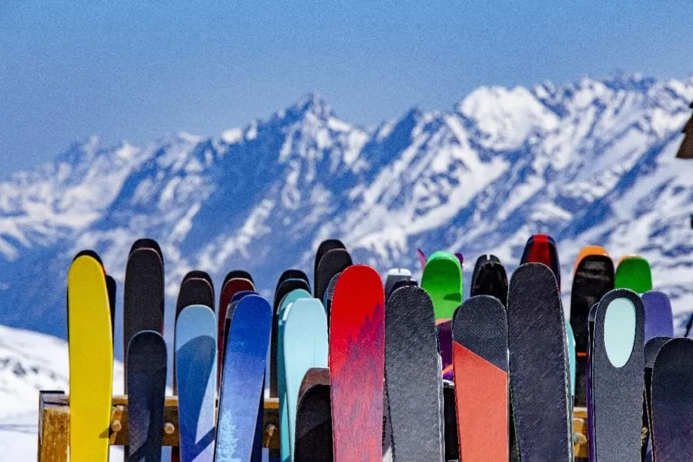 Lantern Press Full Ski Rack and Snowy Mountain Range, (16x24 Wrapped Canvas, Wall Decor, Artwork)