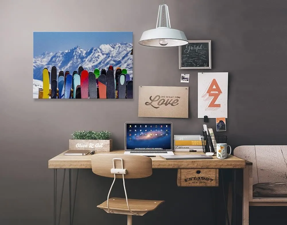 Lantern Press Full Ski Rack and Snowy Mountain Range, (16x24 Wrapped Canvas, Wall Decor, Artwork)