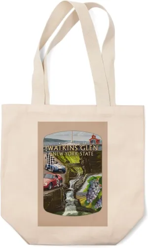 Lantern Press Watkins Glen, New York, Montage, (100% Cotton Canvas Reusable Tote Bag)