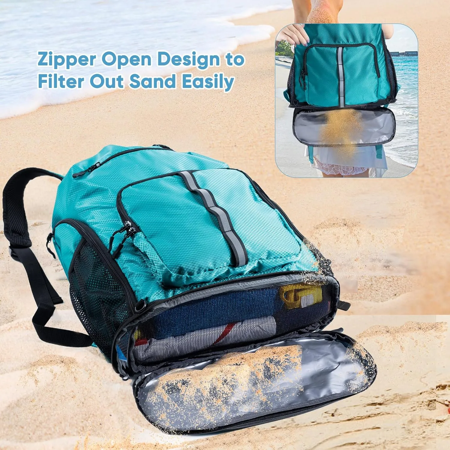 Large Beach Backpack Waterproof Sandproof - Customized Oversized Drawstring Pool Bag with Shoe Compartment for Toiletries, Towels, Gym, Travel