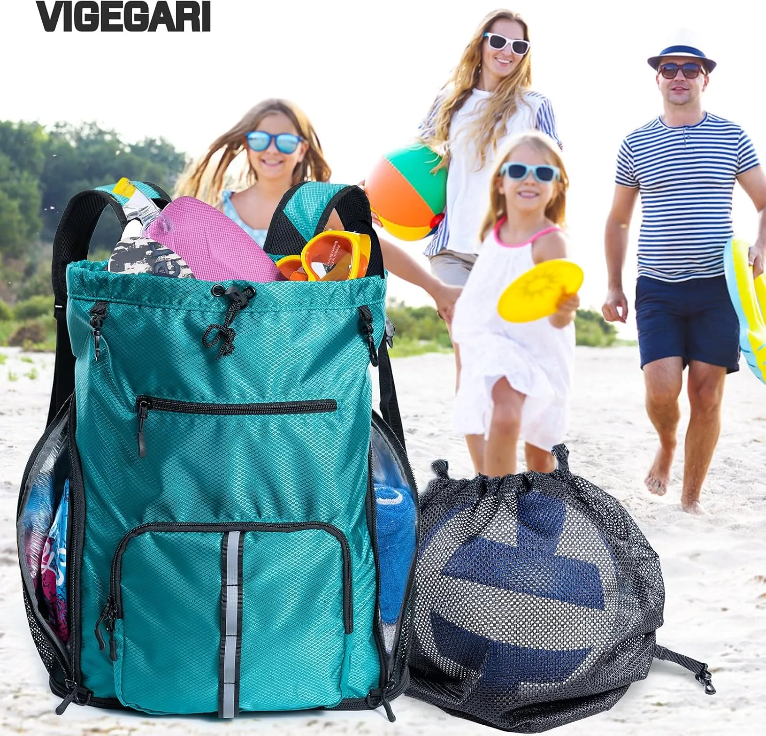Large Beach Backpack Waterproof Sandproof - Customized Oversized Drawstring Pool Bag with Shoe Compartment for Toiletries, Towels, Gym, Travel