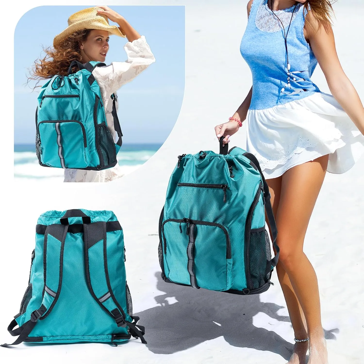 Large Beach Backpack Waterproof Sandproof - Customized Oversized Drawstring Pool Bag with Shoe Compartment for Toiletries, Towels, Gym, Travel