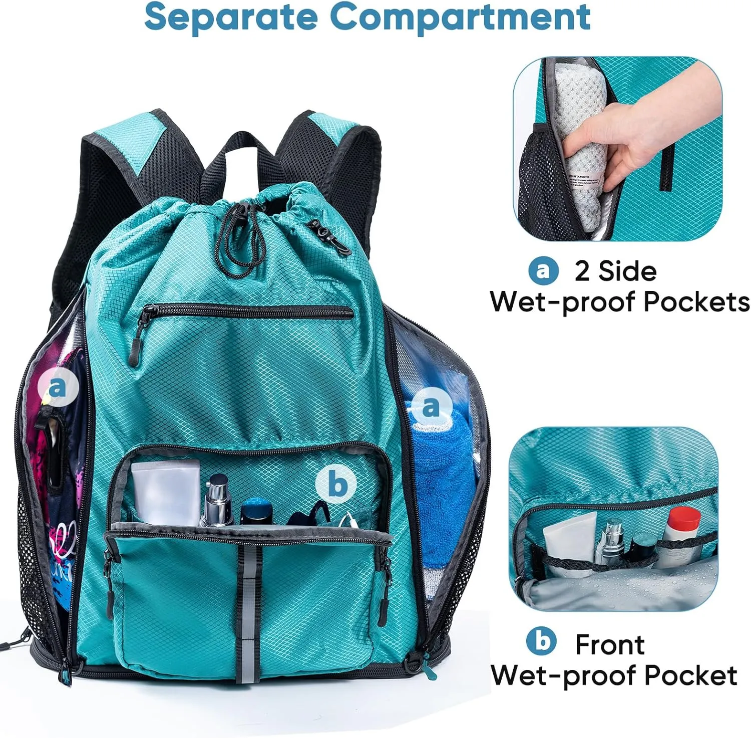 Large Beach Backpack Waterproof Sandproof - Customized Oversized Drawstring Pool Bag with Shoe Compartment for Toiletries, Towels, Gym, Travel