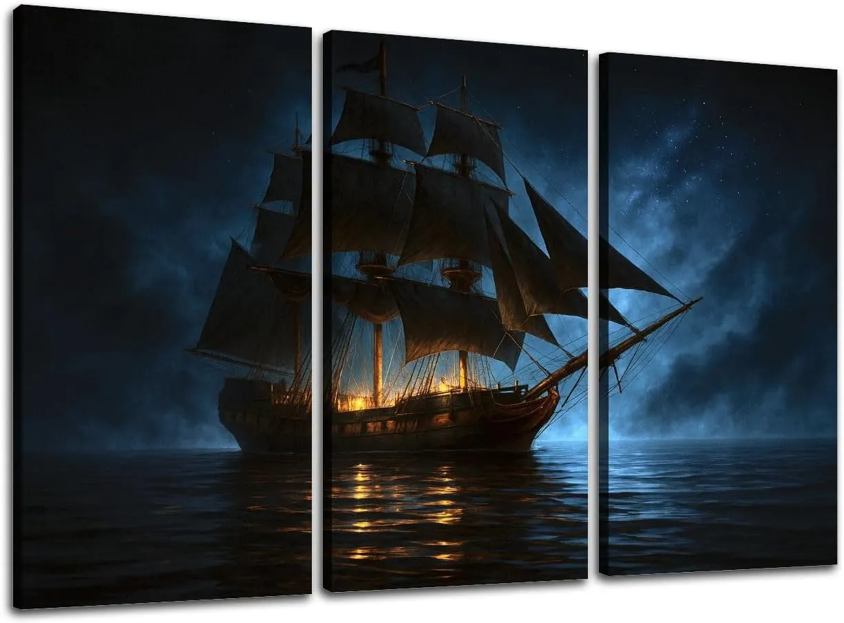 Large Canvas Wall Art 3 Pcs model pirate water blue black pictures Canvas Art Prints Pictures Framed Artwork Poster Wall Decor for Living Room Bedroom 32x48 In