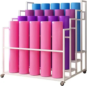 Large Capacity Yoga Mat Storage Rack, Holds 20 Mats, Metal Foam Roller Organizer for Home Gym/Commercial Use, Easy to Install with Lockable Wheels, Gold(White)
