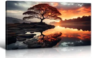 Large Landscape Canvas Wall Art Living Room Decor Black and Golden Sunset Panoramic Forest Natural Landscape Painting For Office Bedroom Artwork Home Aesthetics Decoration Framed 20" X 40"