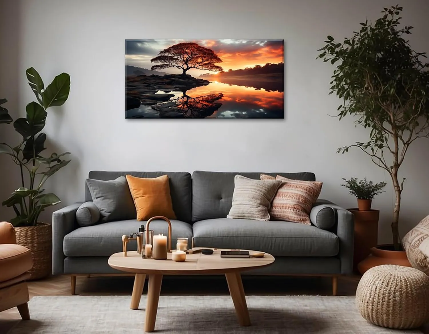 Large Landscape Canvas Wall Art Living Room Decor Black and Golden Sunset Panoramic Forest Natural Landscape Painting For Office Bedroom Artwork Home Aesthetics Decoration Framed 20" X 40"