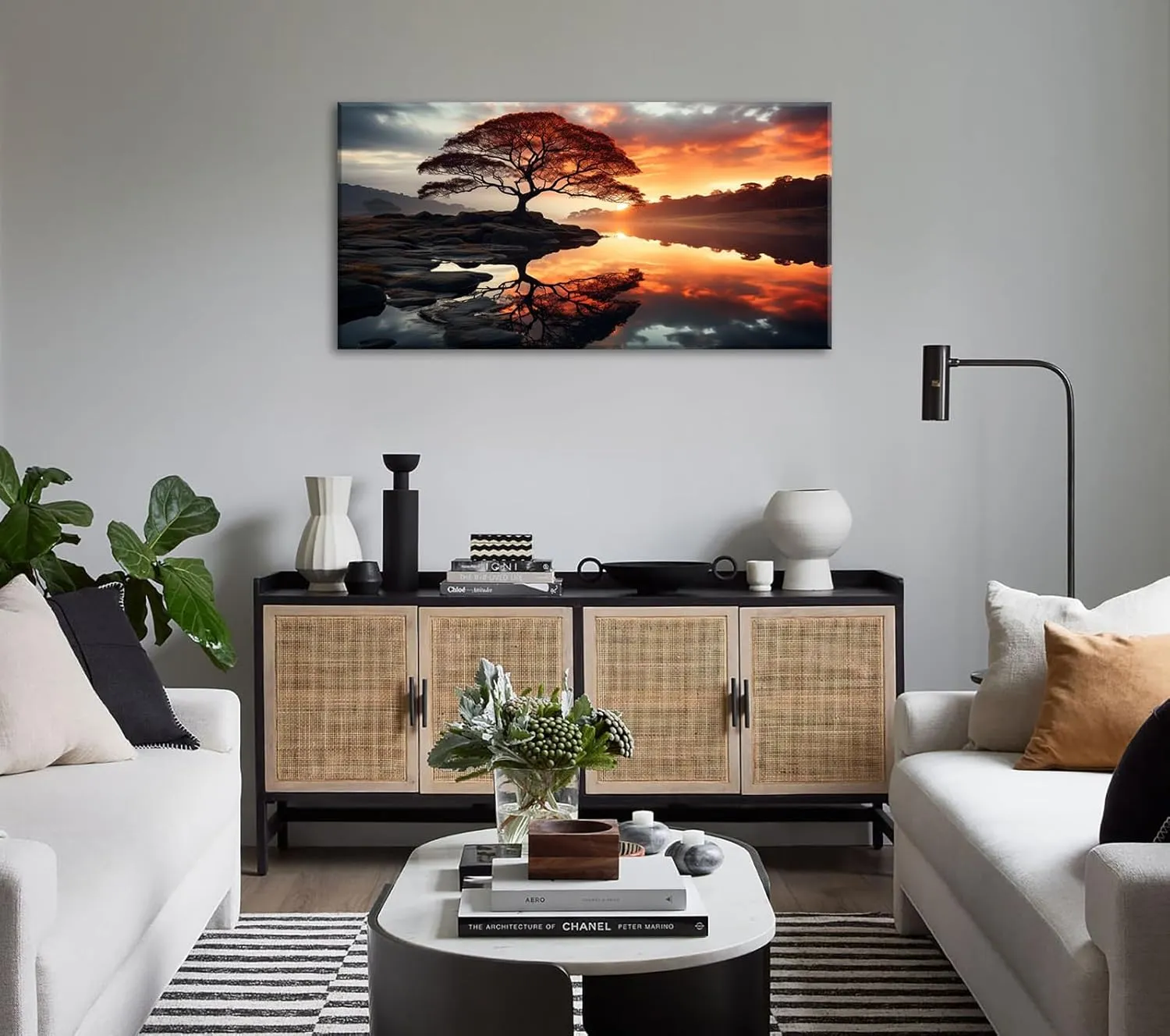 Large Landscape Canvas Wall Art Living Room Decor Black and Golden Sunset Panoramic Forest Natural Landscape Painting For Office Bedroom Artwork Home Aesthetics Decoration Framed 20" X 40"