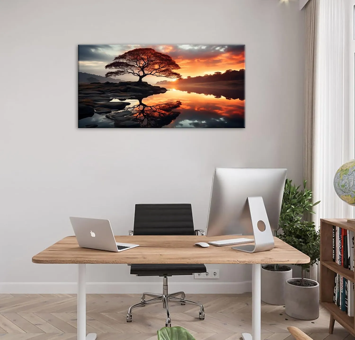 Large Landscape Canvas Wall Art Living Room Decor Black and Golden Sunset Panoramic Forest Natural Landscape Painting For Office Bedroom Artwork Home Aesthetics Decoration Framed 20" X 40"