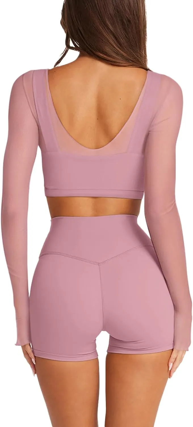 LASLULU Mesh Long Sleeve Crop Tops for Women Double Lined Workout Athletic Gym Shirts Cropped Tops with Built in Bra