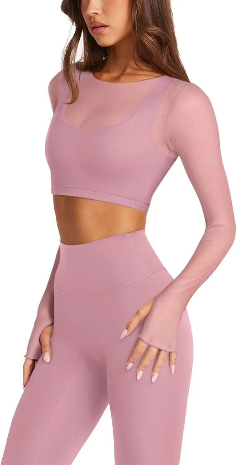 LASLULU Mesh Long Sleeve Crop Tops for Women Double Lined Workout Athletic Gym Shirts Cropped Tops with Built in Bra
