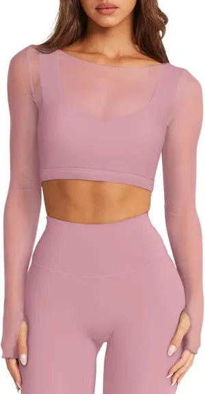 LASLULU Mesh Long Sleeve Crop Tops for Women Double Lined Workout Athletic Gym Shirts Cropped Tops with Built in Bra