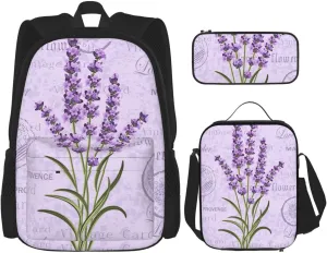 Lavender Stamp Print 3 In 1 Backpack Set With Lunch Bag And Pencil Case,Suitable Work,Picnic,Travel
