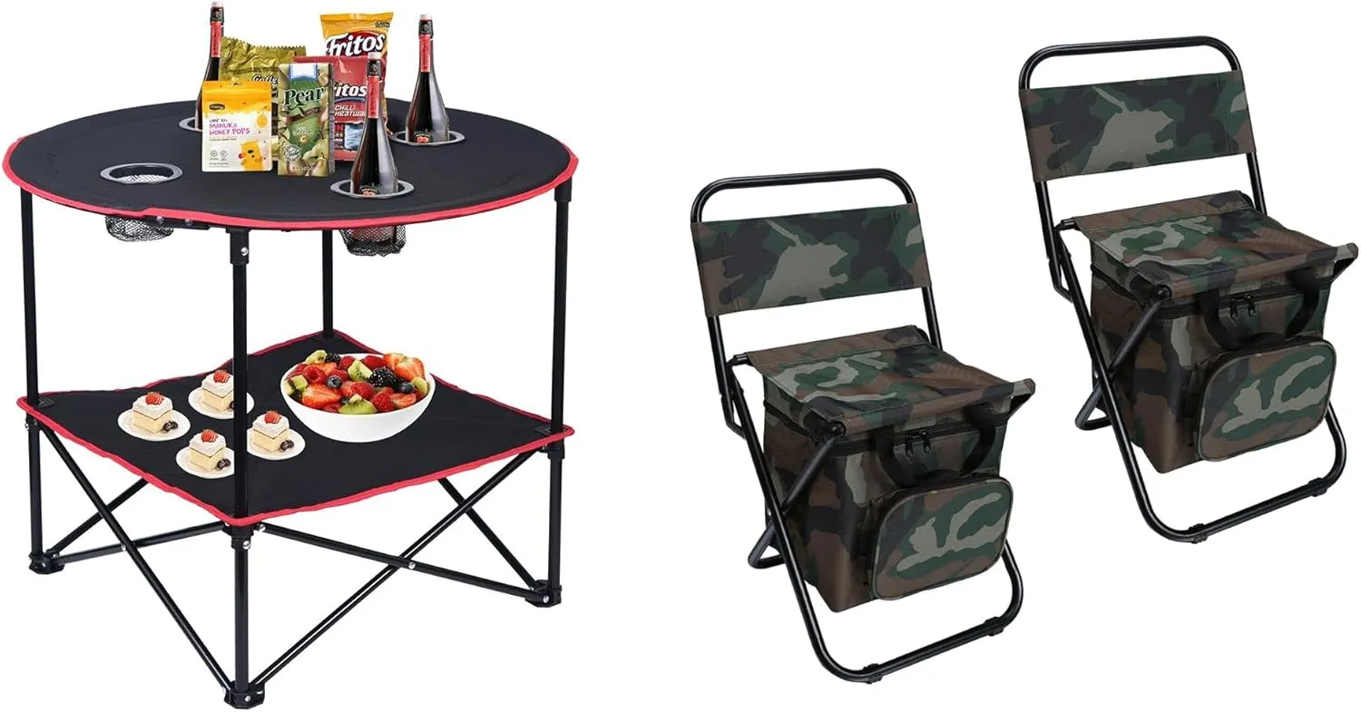 LEADALLWAY Camping Table Folding Picnic Table with 4 Cup Holders 2 Piece Fishing Chair with Cooler Bag Compact Fishing Stool
