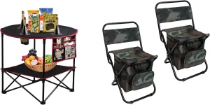 LEADALLWAY Camping Table Folding Picnic Table with 4 Cup Holders and Side Storage Bag  Piece Fishing Chair with Cooler Bag